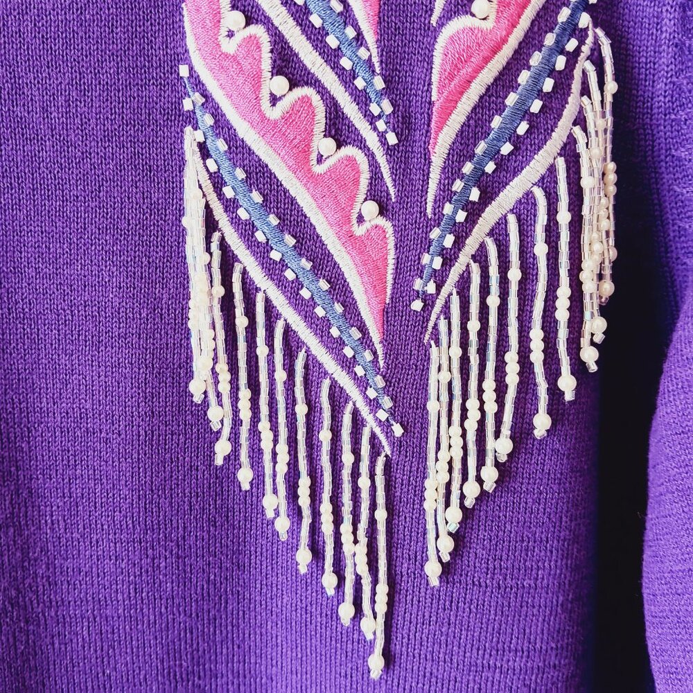 Bob Mackie's Women's Purple Beaded and Embroidered Scarf Sweater Size S - Picture 7 of 15